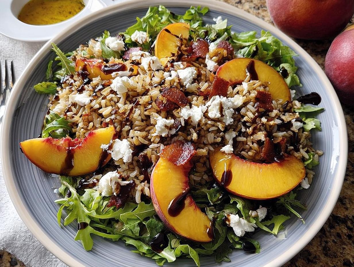 A vibrant Thanksgiving salad with wild rice, peaches, goat cheese, arugula, and a balsamic glaze.