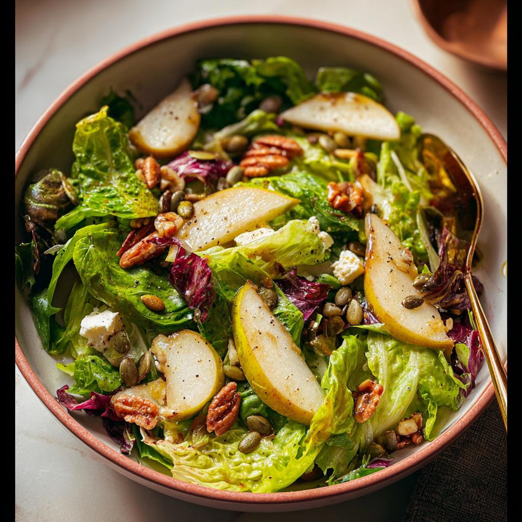 A vibrant Thanksgiving salad recipe featuring fresh greens, sliced pears, pecans, pumpkin seeds, and crumbled feta cheese.