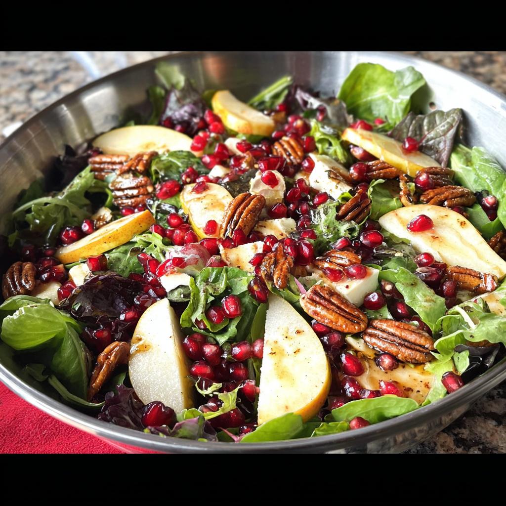 A vibrant Thanksgiving salad featuring mixed greens, sliced pears, pomegranate seeds, and pecans in a silver bowl.