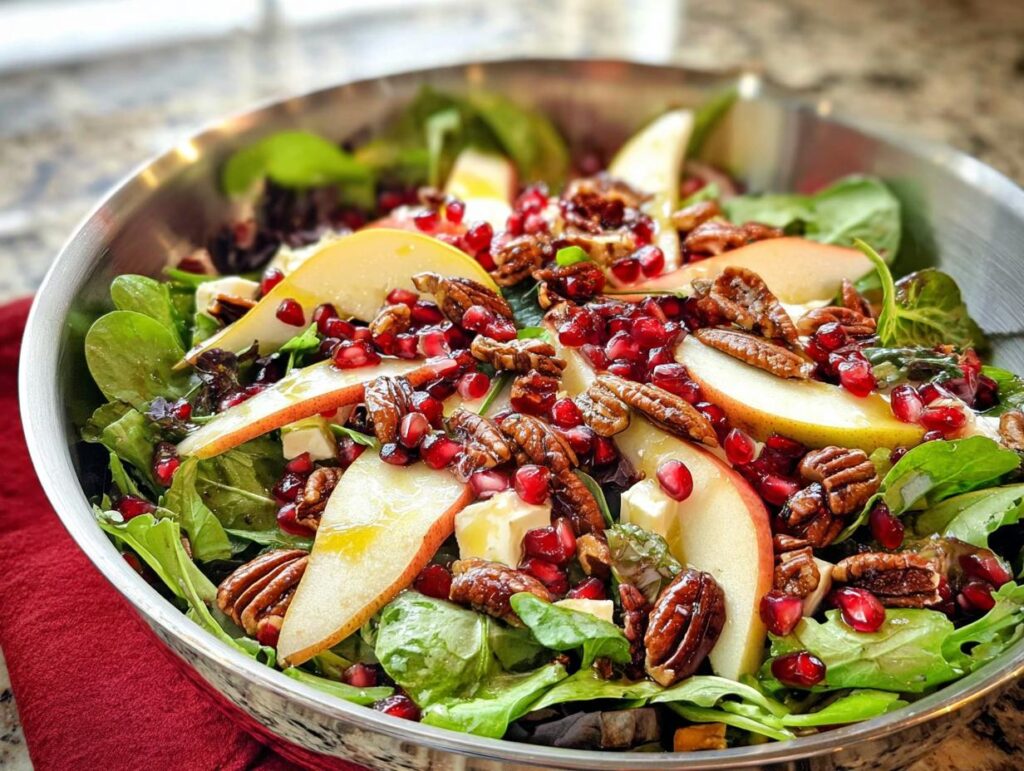 A festive Thanksgiving salad recipe featuring fresh greens, sliced pears, pomegranate seeds, and candied pecans in a silver bowl.