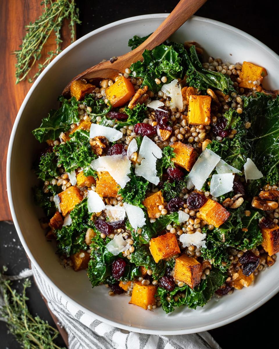 A vibrant Thanksgiving salad recipe featuring kale, roasted butternut squash, cranberries, walnuts, and shaved parmesan.