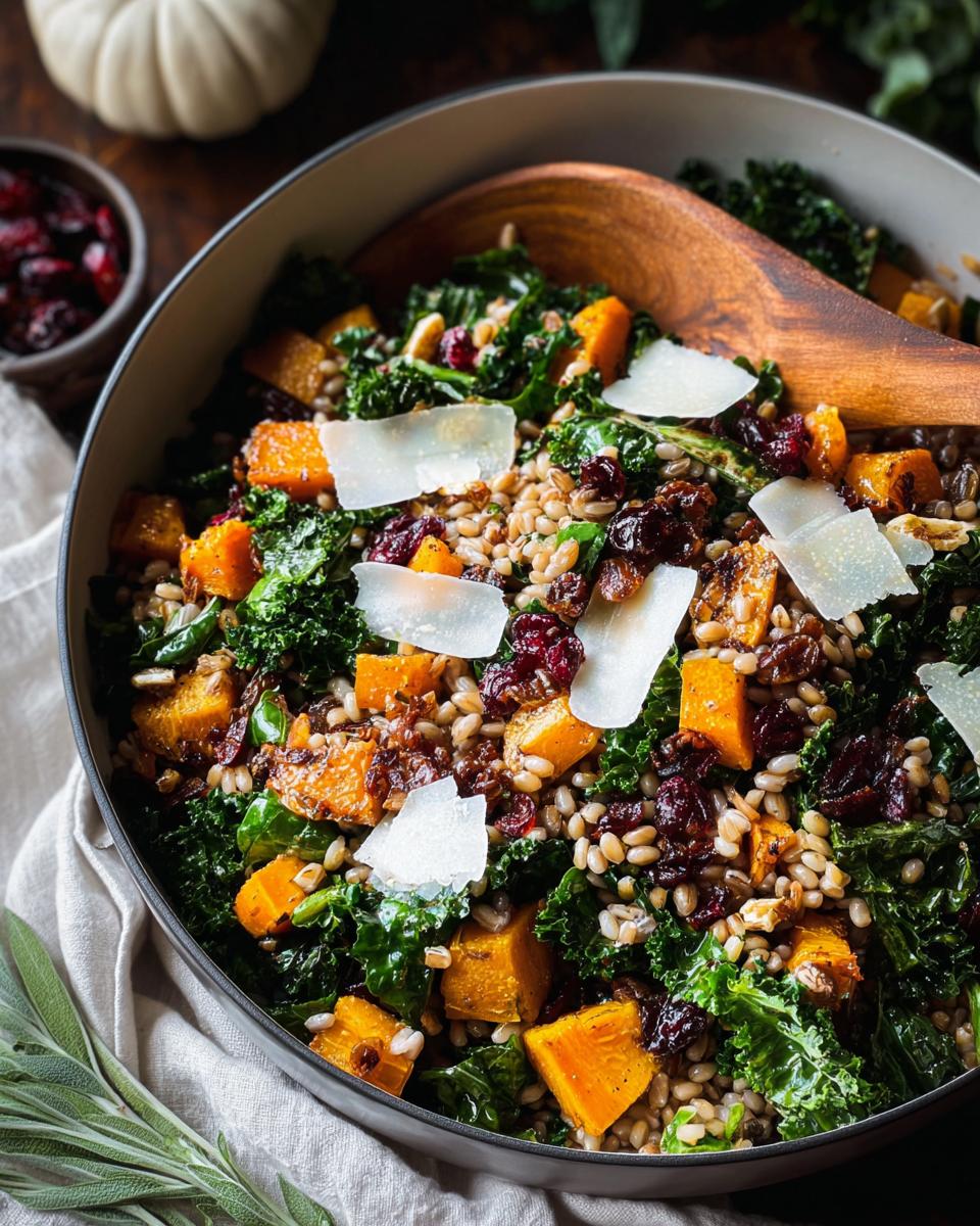A vibrant Thanksgiving salad recipe featuring kale, roasted butternut squash, cranberries, farro, and shaved Parmesan cheese.