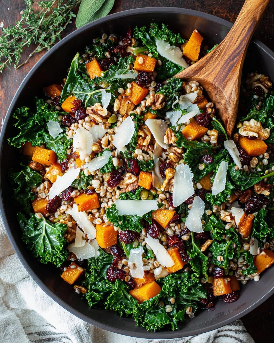 A vibrant Thanksgiving salad recipe featuring kale, roasted butternut squash, cranberries, walnuts, and shaved Parmesan cheese.