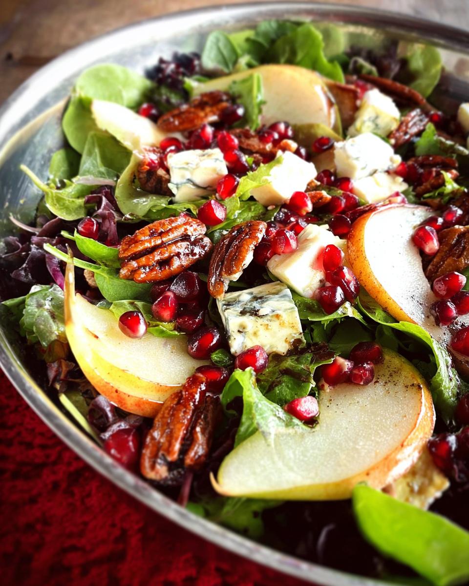 A close-up of a vibrant Thanksgiving salad recipe featuring pears, pecans, pomegranate seeds, and blue cheese.