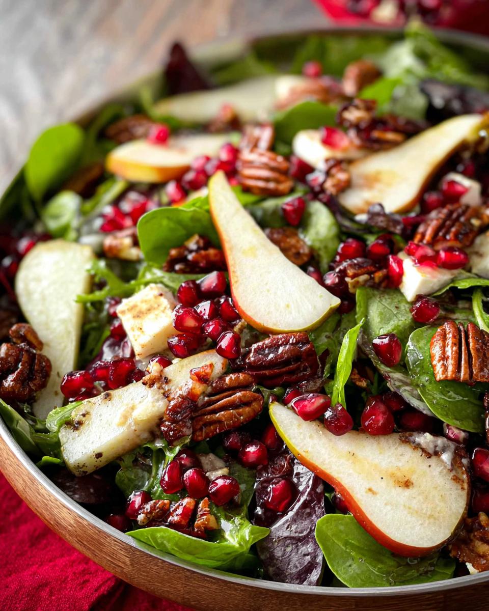 A close-up of a Thanksgiving salad recipe featuring sliced pears, pomegranate seeds, pecans, and cheese.
