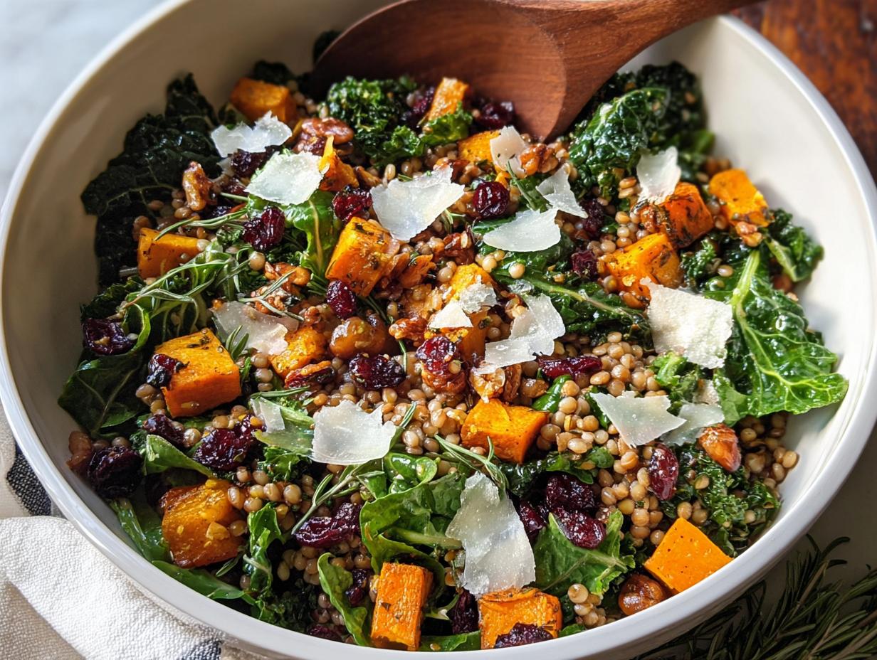A vibrant Thanksgiving salad recipe featuring kale, butternut squash, lentils, cranberries, nuts, and shaved parmesan.