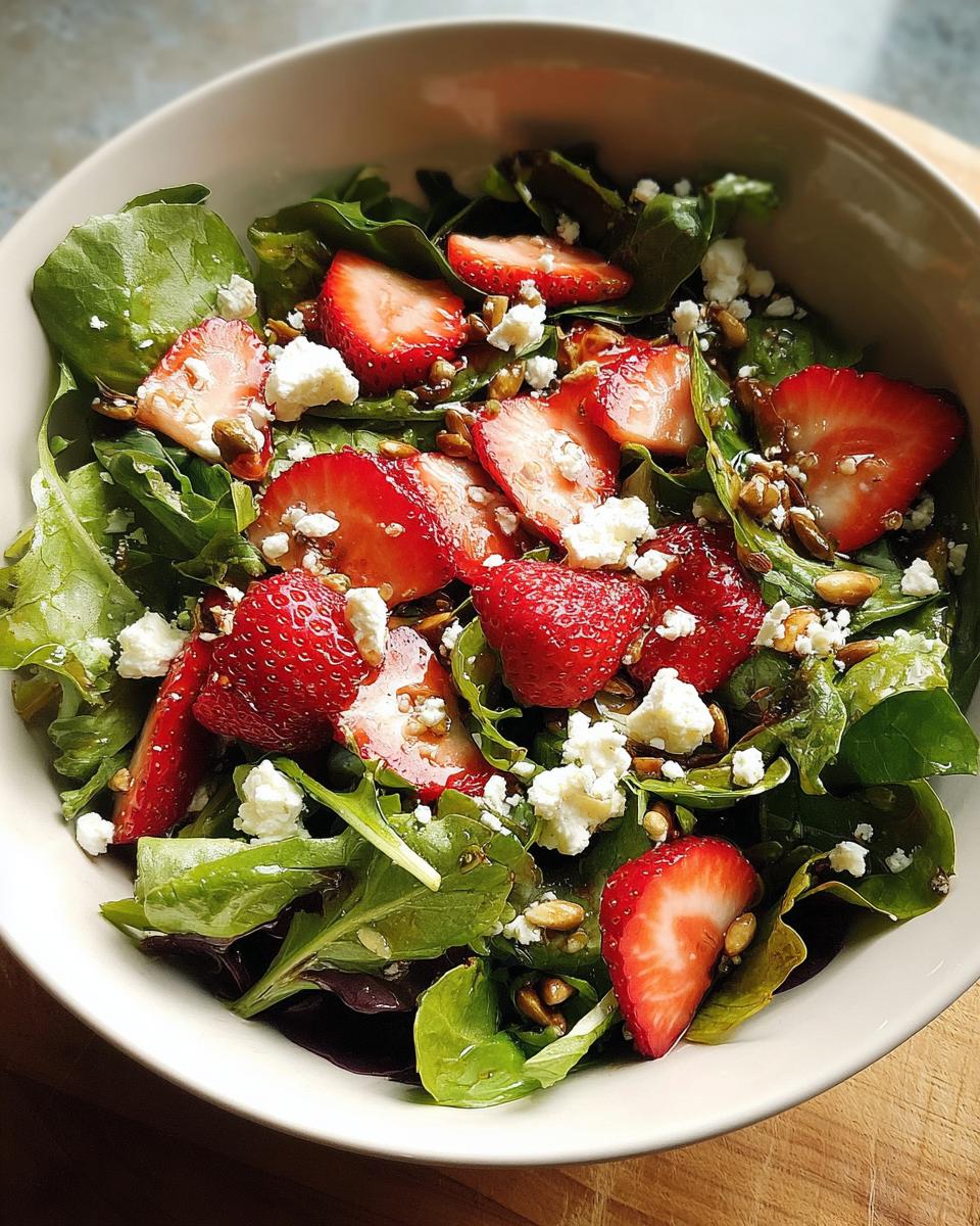 A vibrant Thanksgiving salad with fresh strawberries, feta cheese, and mixed greens.