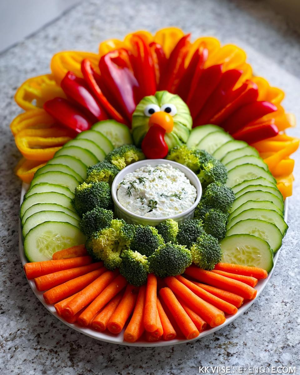 A festive Thanksgiving veggie tray shaped like a turkey, featuring bell peppers, cucumber, broccoli, carrots, and dip.