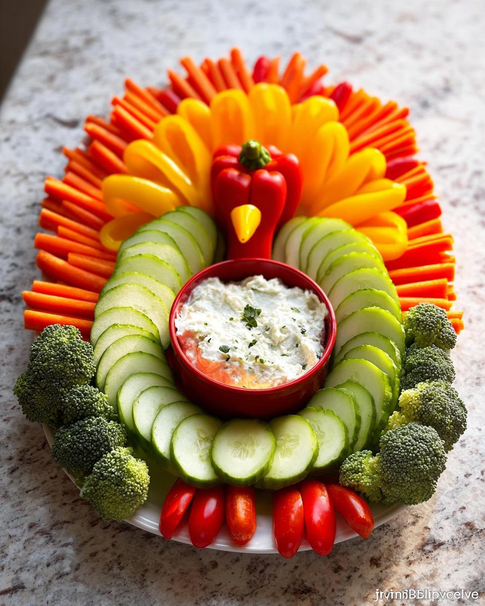 A festive Thanksgiving veggie tray arranged in the shape of a turkey, featuring carrots, bell peppers, cucumber, broccoli, tomatoes, and dip.