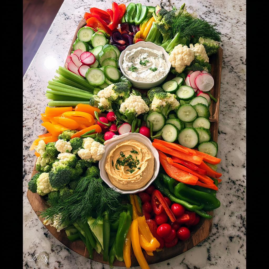 A vibrant Thanksgiving veggie tray with an assortment of fresh vegetables like broccoli, cauliflower, bell peppers, cucumbers, radishes, and celery, served with two dips.