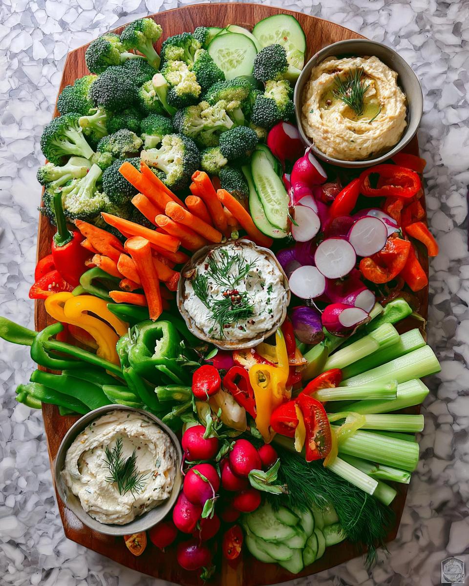 A colorful Thanksgiving veggie tray with broccoli, carrots, bell peppers, radishes, cucumbers, celery, and dips.