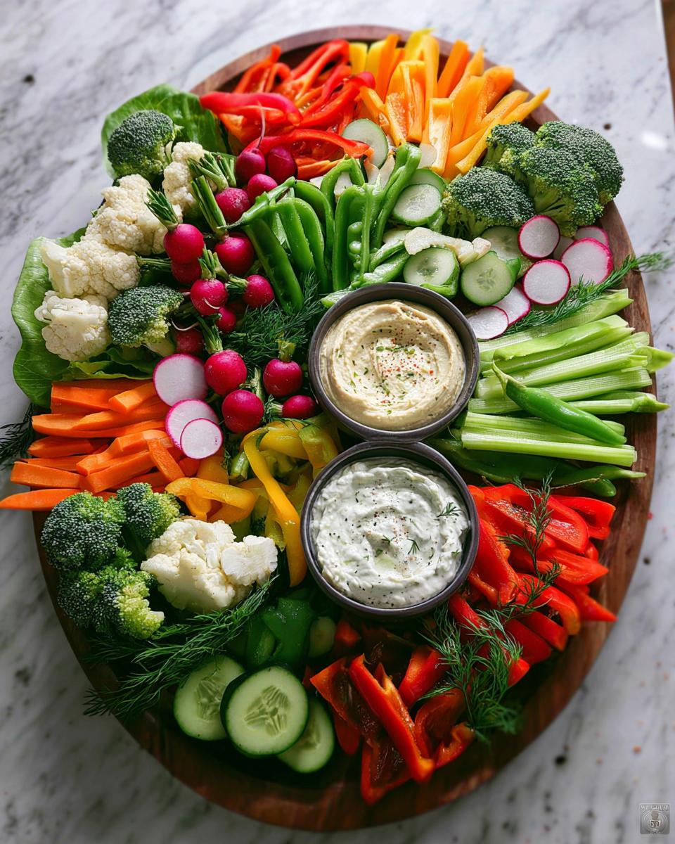 A vibrant Thanksgiving veggie tray in 20 minutes, featuring an assortment of colorful raw vegetables and two dips.