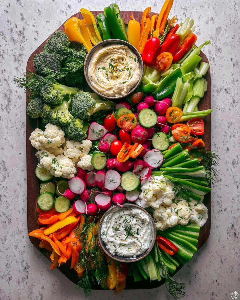 A vibrant Thanksgiving veggie tray in 20 minutes, featuring broccoli, cauliflower, bell peppers, cucumbers, radishes, tomatoes, and two dips.