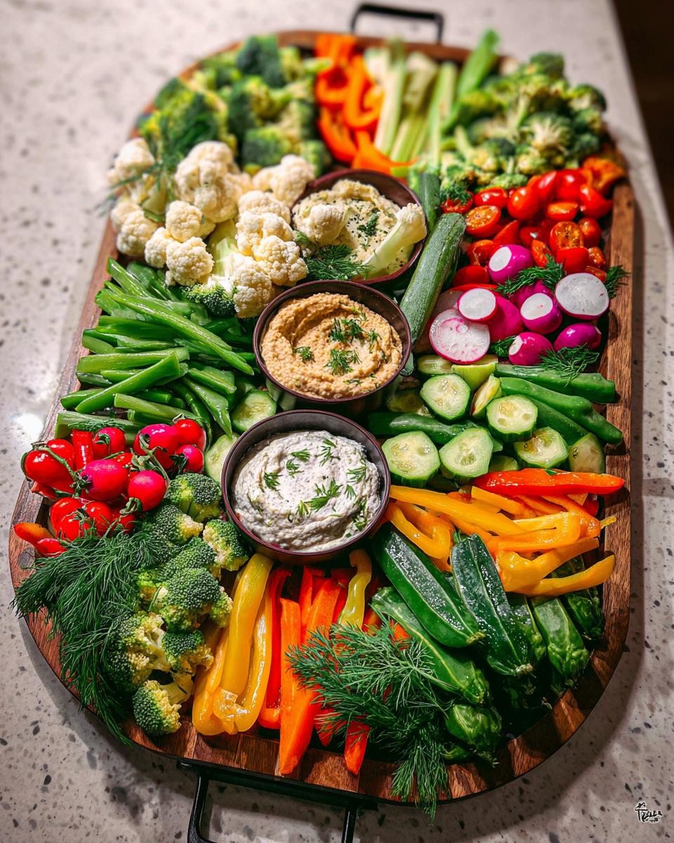 A vibrant Thanksgiving Veggie Tray in 20 Minutes, featuring an assortment of fresh vegetables like broccoli, cauliflower, bell peppers, and dips.