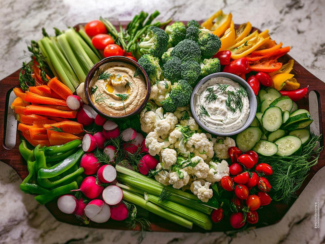 A vibrant Thanksgiving veggie tray in 20 minutes, featuring an assortment of fresh vegetables like carrots, celery, broccoli, cauliflower, peppers, radishes, cucumbers, and tomatoes with two dips.