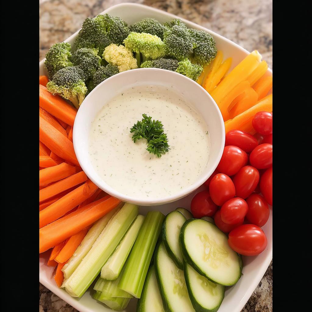 A colorful Thanksgiving Veggie Tray for Busy Weeknights featuring broccoli, carrots, celery, cucumbers, bell peppers, cherry tomatoes, and dip.