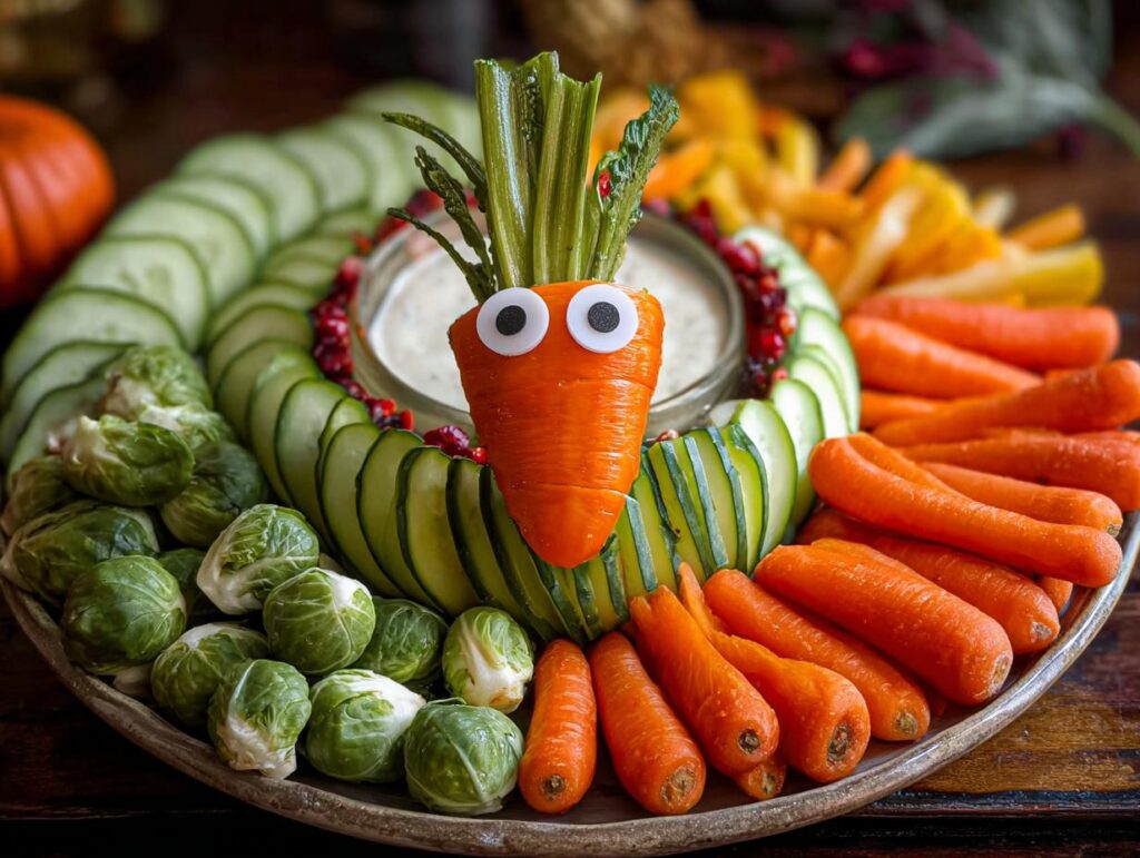 A fun Thanksgiving veggie tray arranged with a carrot face, featuring cucumbers, carrots, Brussels sprouts, and dip.