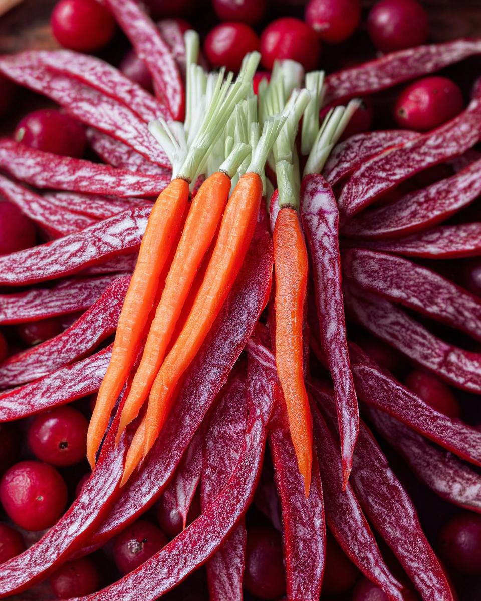 Close-up of a Thanksgiving Veggie Tray featuring bright orange baby carrots nestled amongst thinly sliced red beets and whole cranberries.