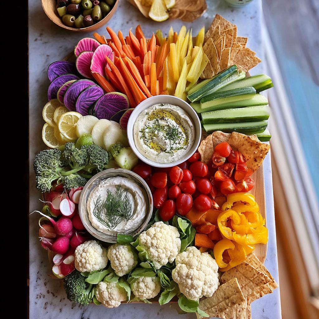 A vibrant Thanksgiving veggie tray featuring an assortment of fresh vegetables like carrots, cucumbers, cauliflower, and radishes, served with two bowls of dip.