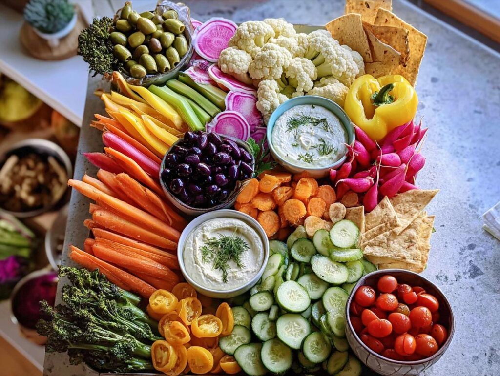 A vibrant Thanksgiving veggie tray featuring an assortment of fresh vegetables, olives, cherry tomatoes, and dips.