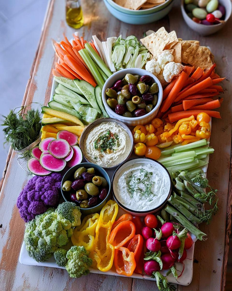 A colorful Thanksgiving veggie tray featuring an assortment of fresh vegetables, crackers, olives, and two dips.