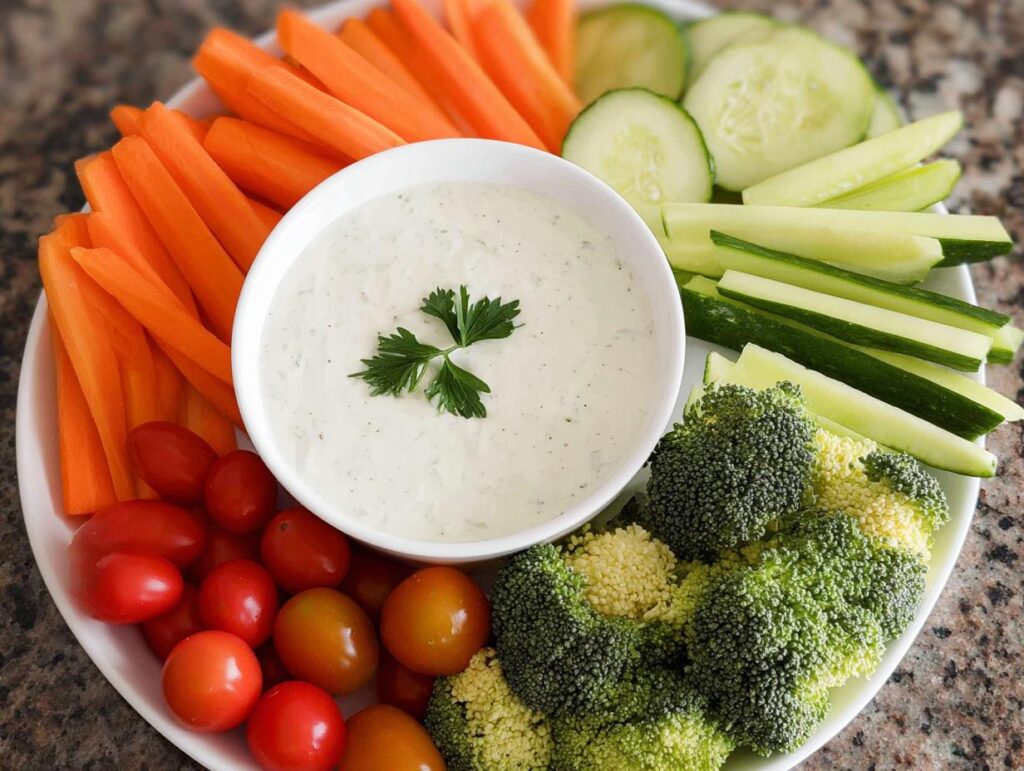 A colorful Thanksgiving Veggie Tray for Busy Weeknights with carrots, cucumber sticks, cherry tomatoes, broccoli, and dip.