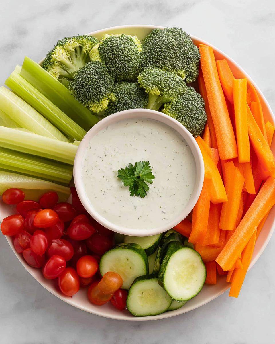 A colorful Thanksgiving veggie tray featuring broccoli, celery, carrots, cherry tomatoes, and cucumber slices surrounding a bowl of dip.