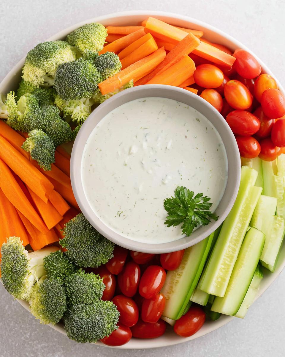 A colorful Thanksgiving Veggie Tray for Busy Weeknights featuring broccoli, carrots, cherry tomatoes, and cucumber with a creamy dip.