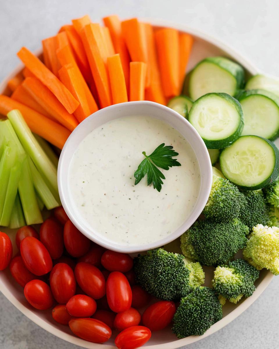 A colorful Thanksgiving Veggie Tray with carrots, celery, cucumber, cherry tomatoes, broccoli, and dip.