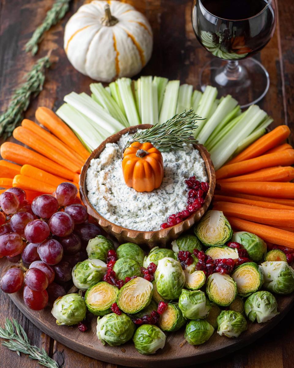 A festive Thanksgiving veggie tray featuring carrots, celery, grapes, Brussels sprouts, and a creamy dip, perfect for entertaining.