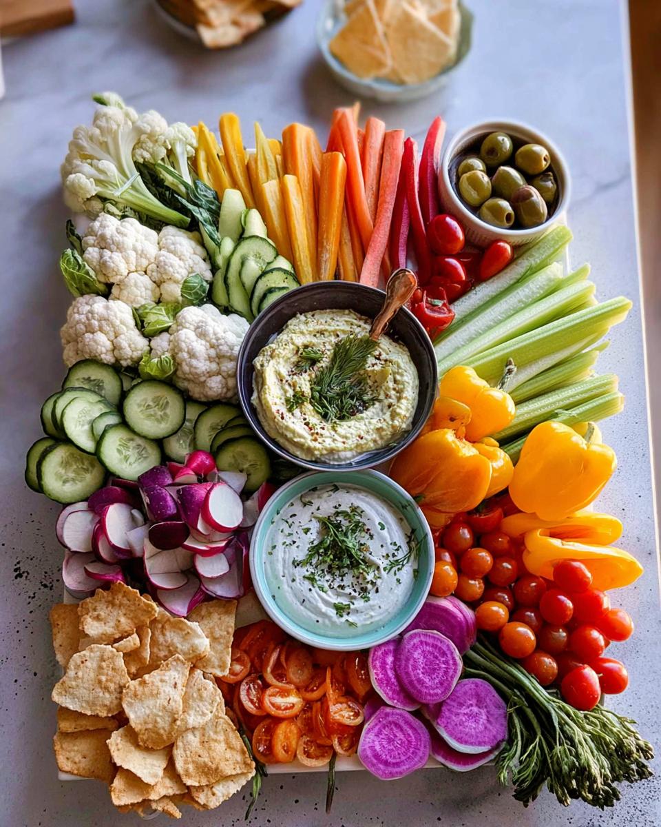 A vibrant Thanksgiving veggie tray featuring an assortment of colorful raw vegetables, crackers, olives, and two dips.