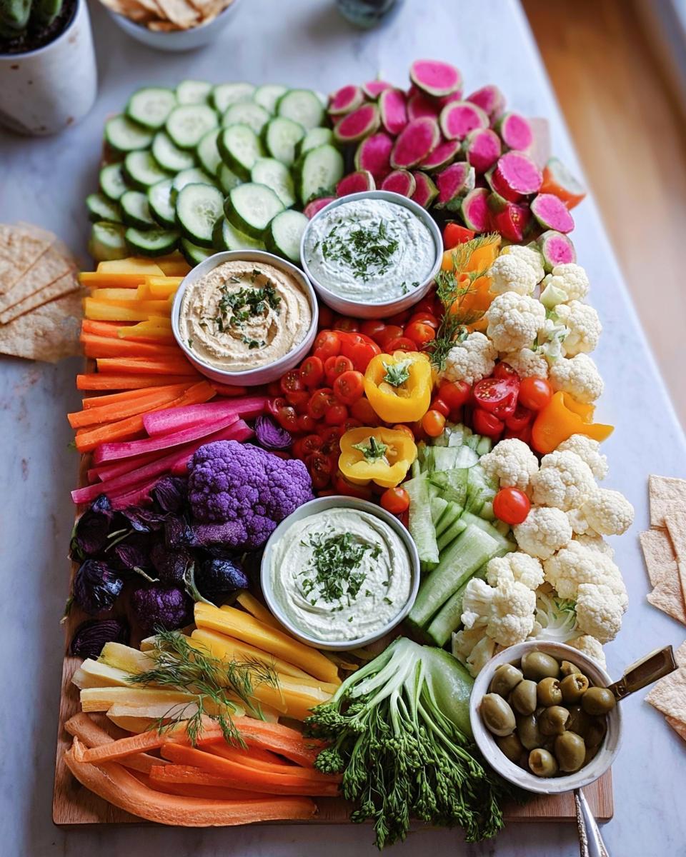 A vibrant and abundant Thanksgiving veggie tray featuring hummus, ranch dip, olives, and a colorful assortment of fresh vegetables.