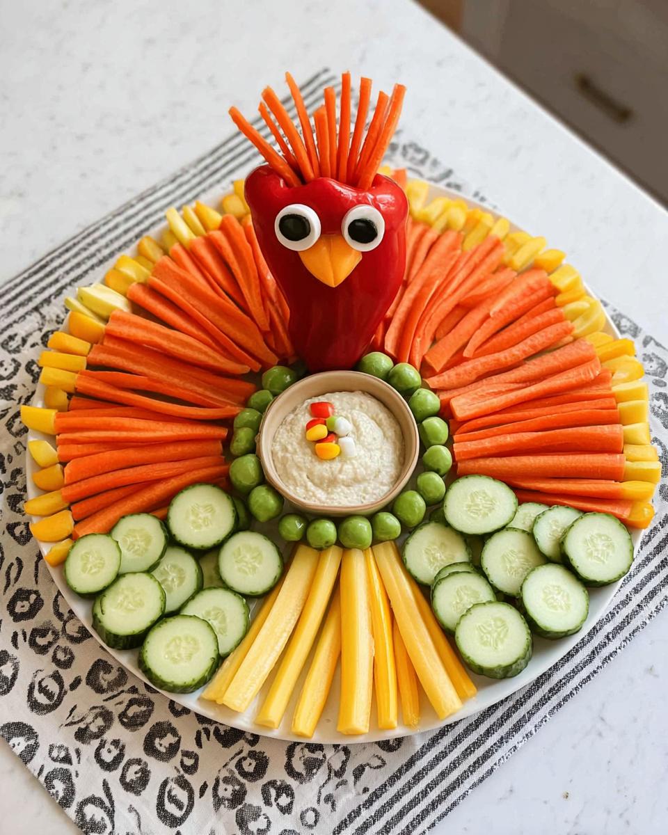A festive Thanksgiving veggie tray recipe shaped like a turkey, featuring carrots, cucumbers, bell peppers, and hummus.