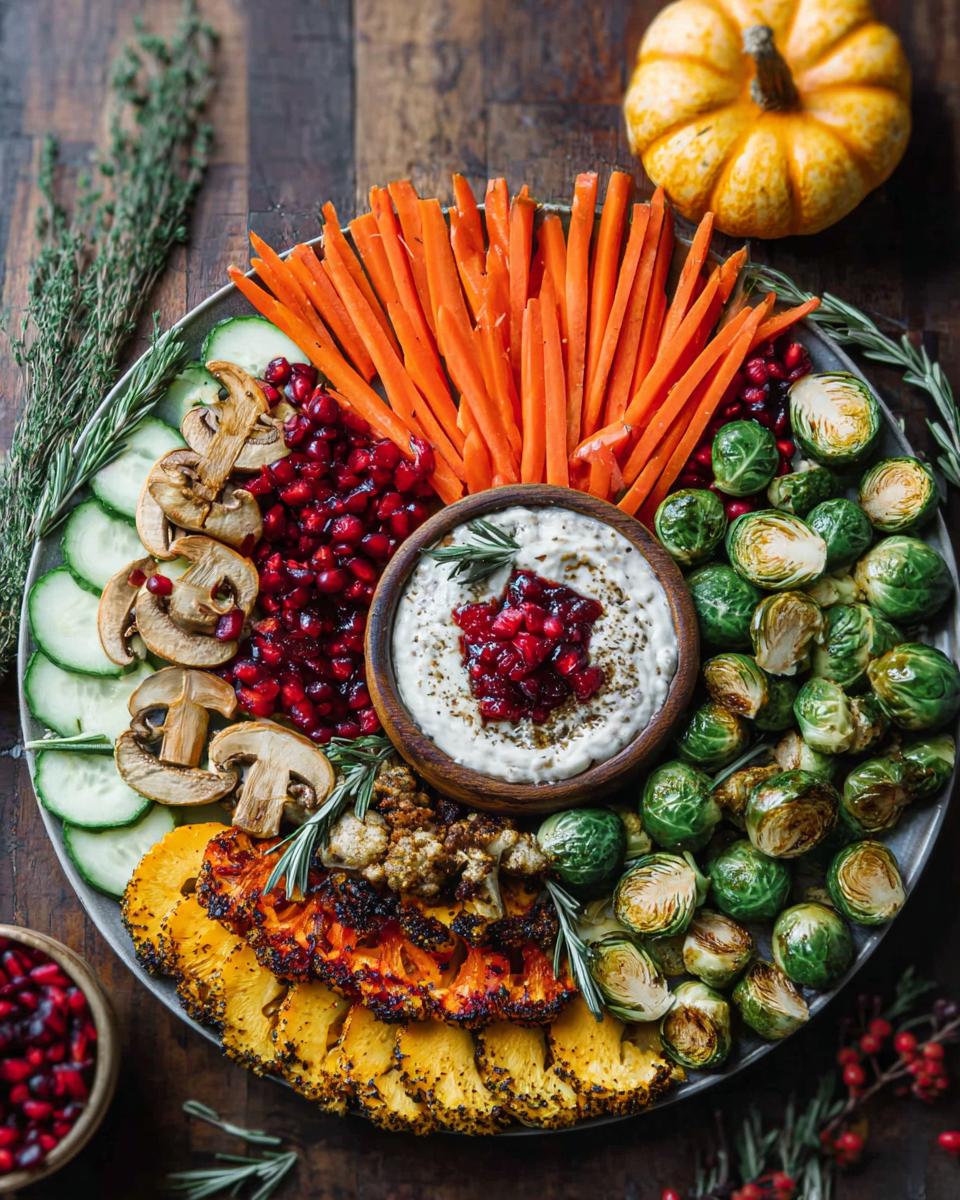 A festive Thanksgiving veggie tray featuring roasted Brussels sprouts, carrots, cauliflower, pineapple, mushrooms, cucumber, pomegranate seeds, and a creamy dip.