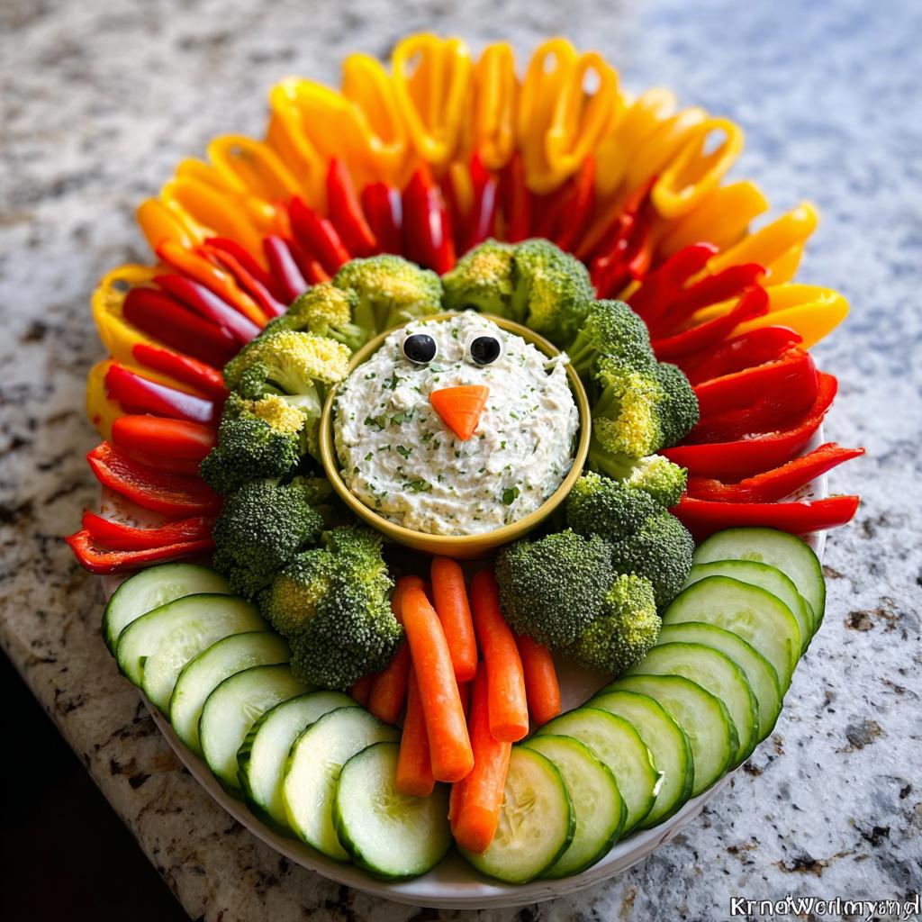 A fun Thanksgiving veggie tray arranged in the shape of a turkey, featuring a dip for the body and colorful bell peppers for feathers.