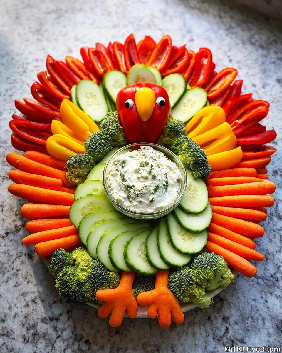 A fun Thanksgiving veggie tray arranged in the shape of a turkey, featuring various colorful vegetables and dip.