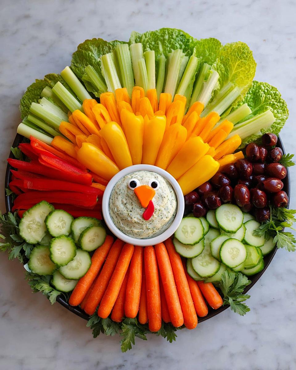 A festive Thanksgiving veggie tray arranged in the shape of a turkey, featuring carrots, cucumbers, bell peppers, celery, lettuce, and olives with a dip.