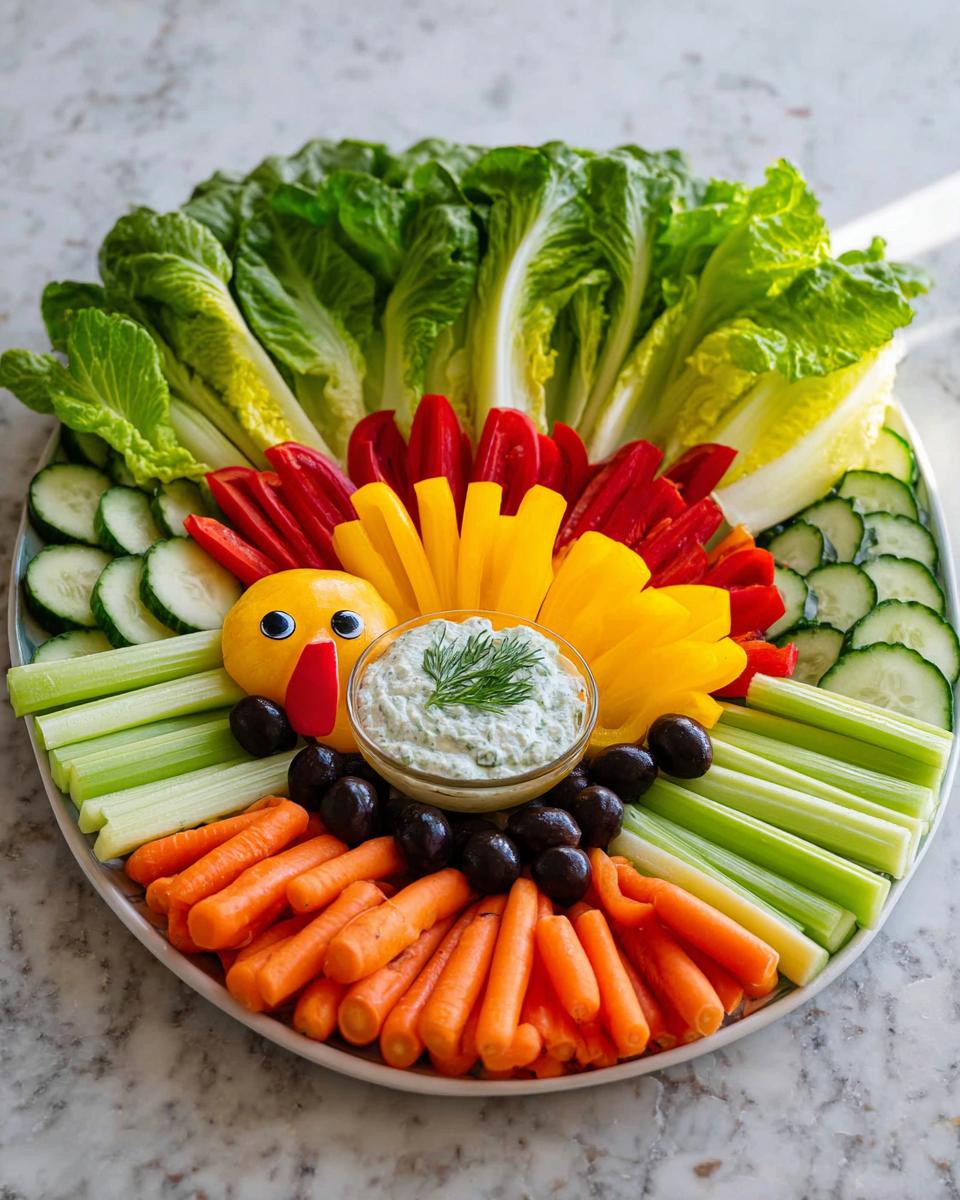 A festive Thanksgiving veggie tray arranged in the shape of a turkey, featuring carrots, celery, cucumbers, bell peppers, lettuce, and dip.