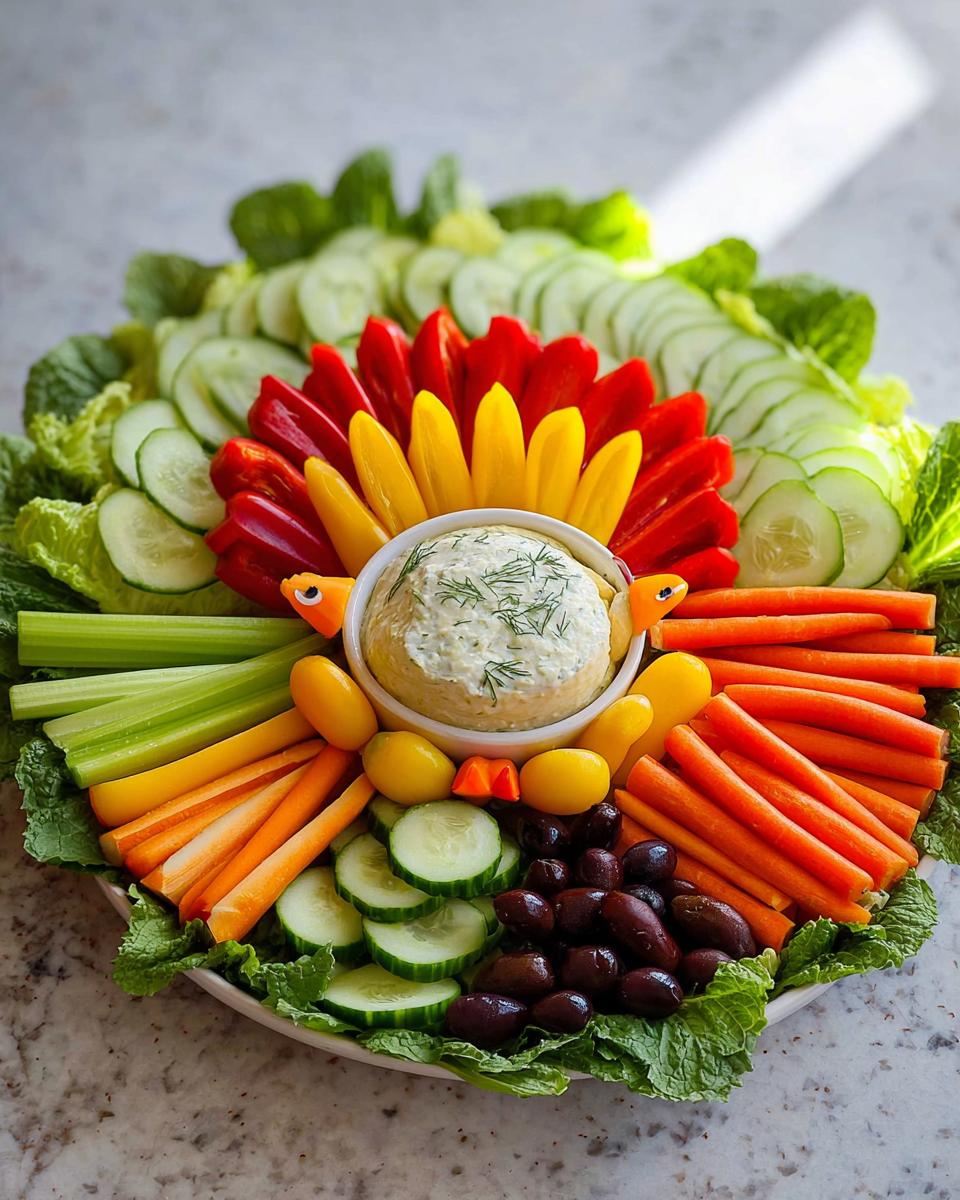 A festive Thanksgiving veggie tray arranged in the shape of a turkey, featuring various colorful vegetables and a dip.