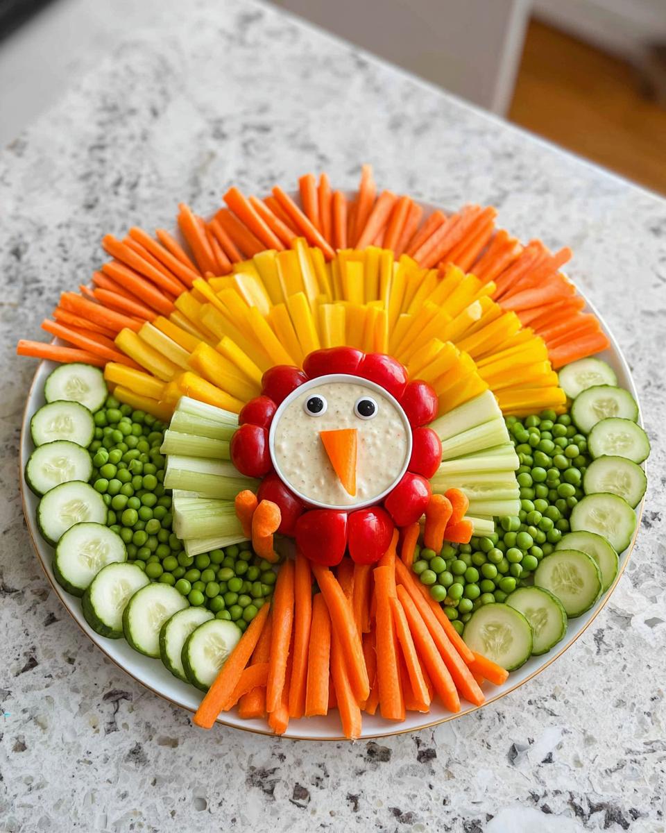 A festive Thanksgiving veggie tray recipe designed as a turkey, featuring carrots, bell peppers, celery, peas, and cucumber slices.