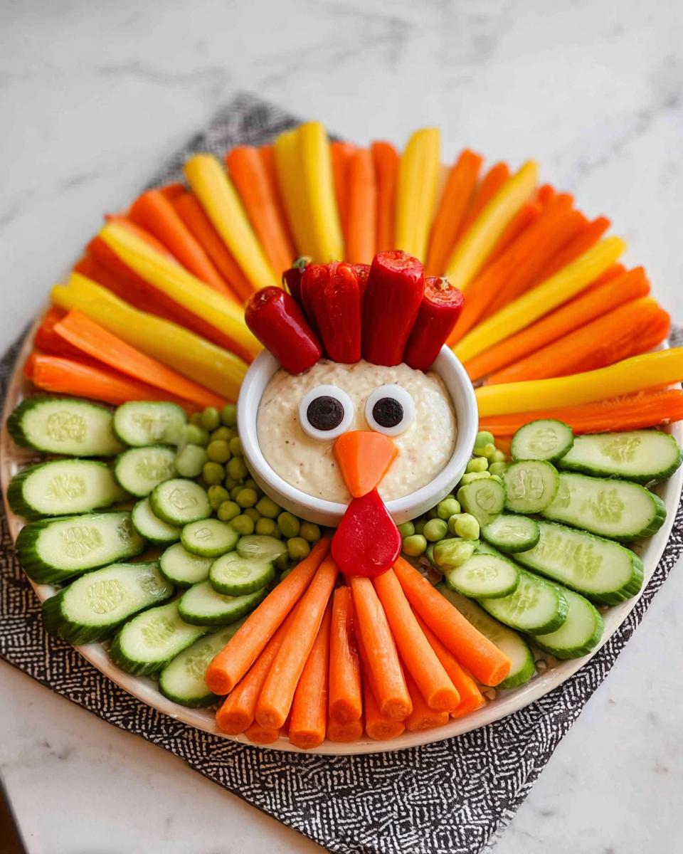 A fun Thanksgiving veggie tray recipe shaped like a turkey, featuring carrots, cucumbers, peppers, and dip.