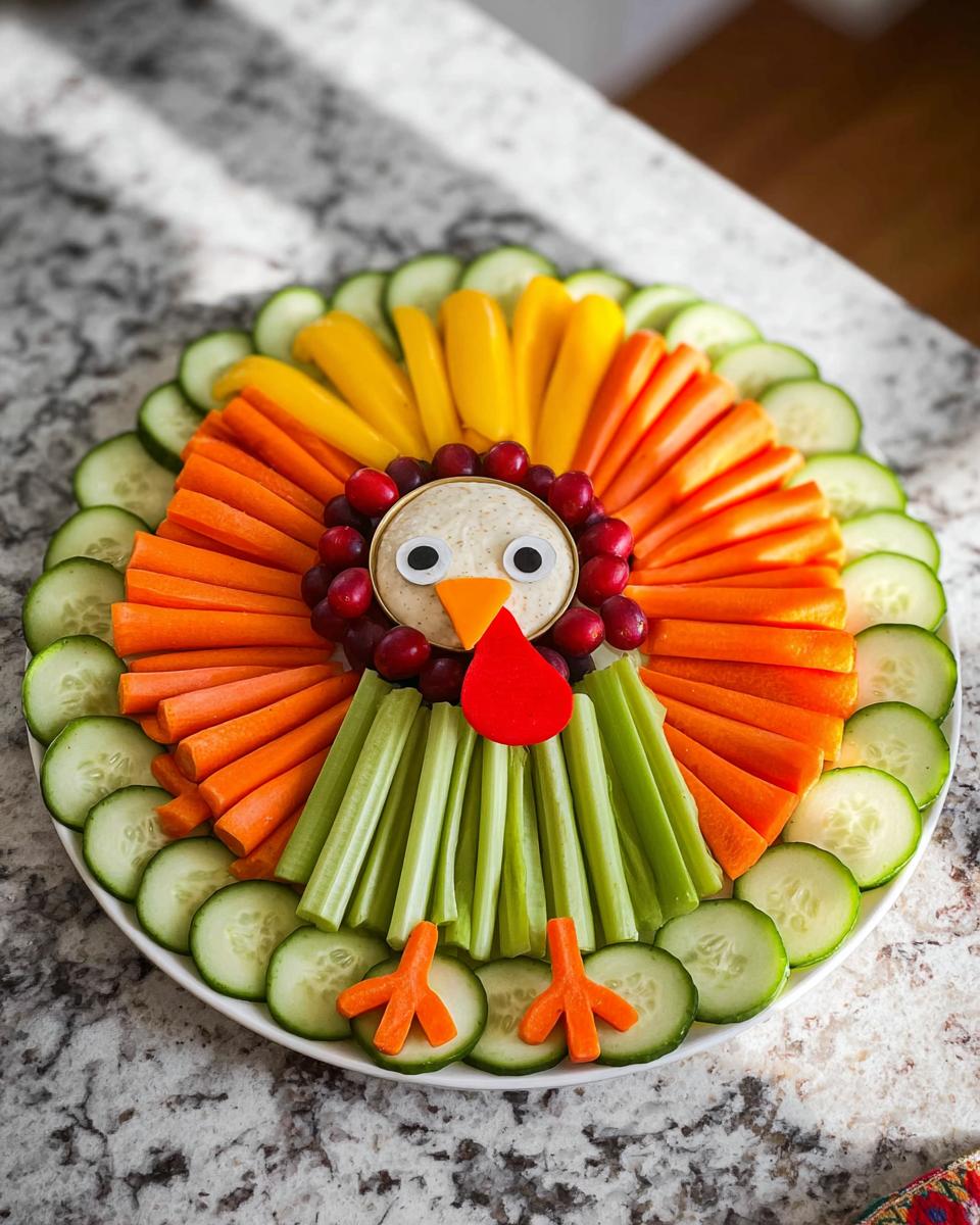 A festive Thanksgiving veggie tray recipe arranged in the shape of a turkey, featuring carrots, celery, bell peppers, cucumbers, and dip.