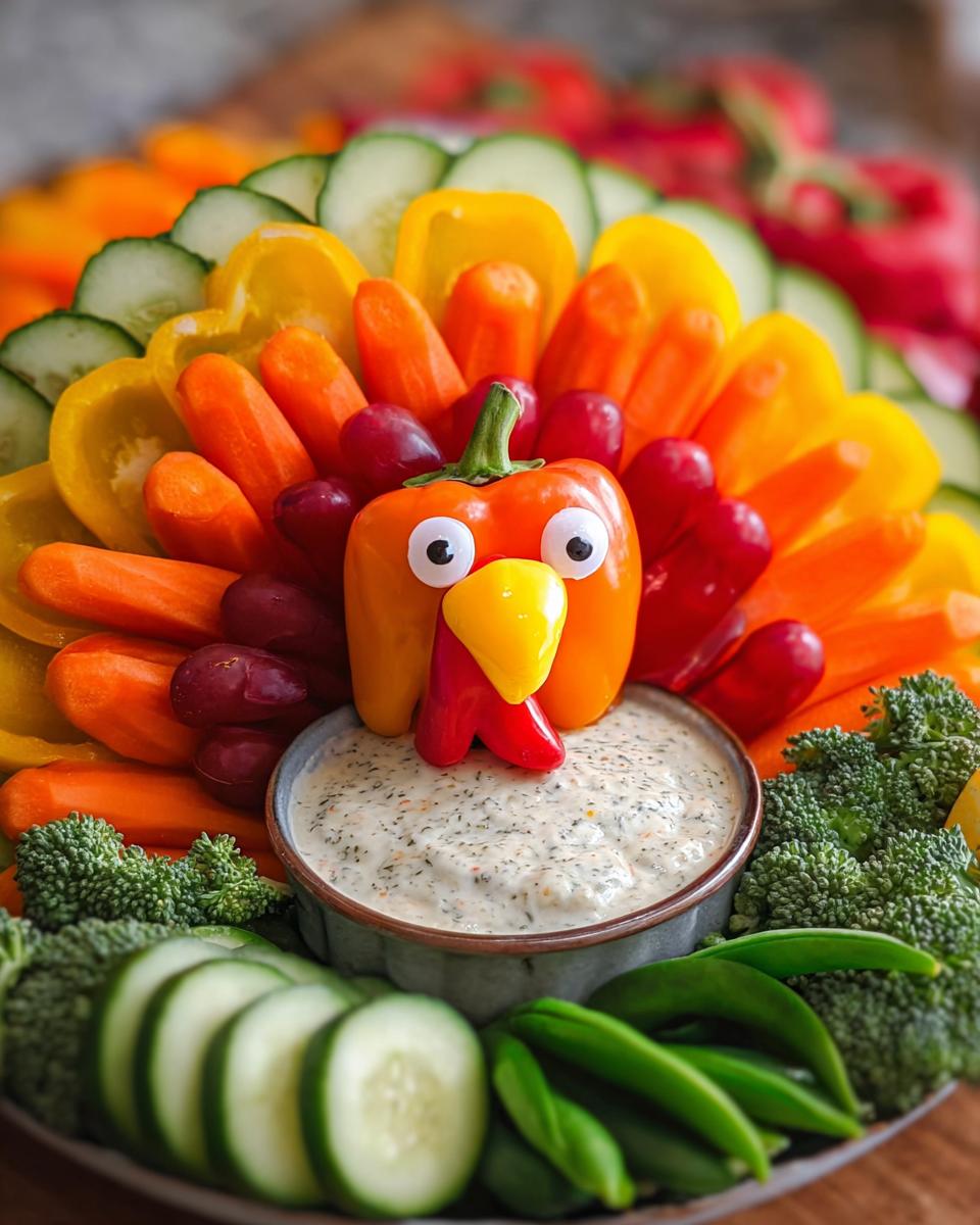 A colorful Thanksgiving veggie tray arranged in the shape of a turkey, featuring various vegetables and dip.