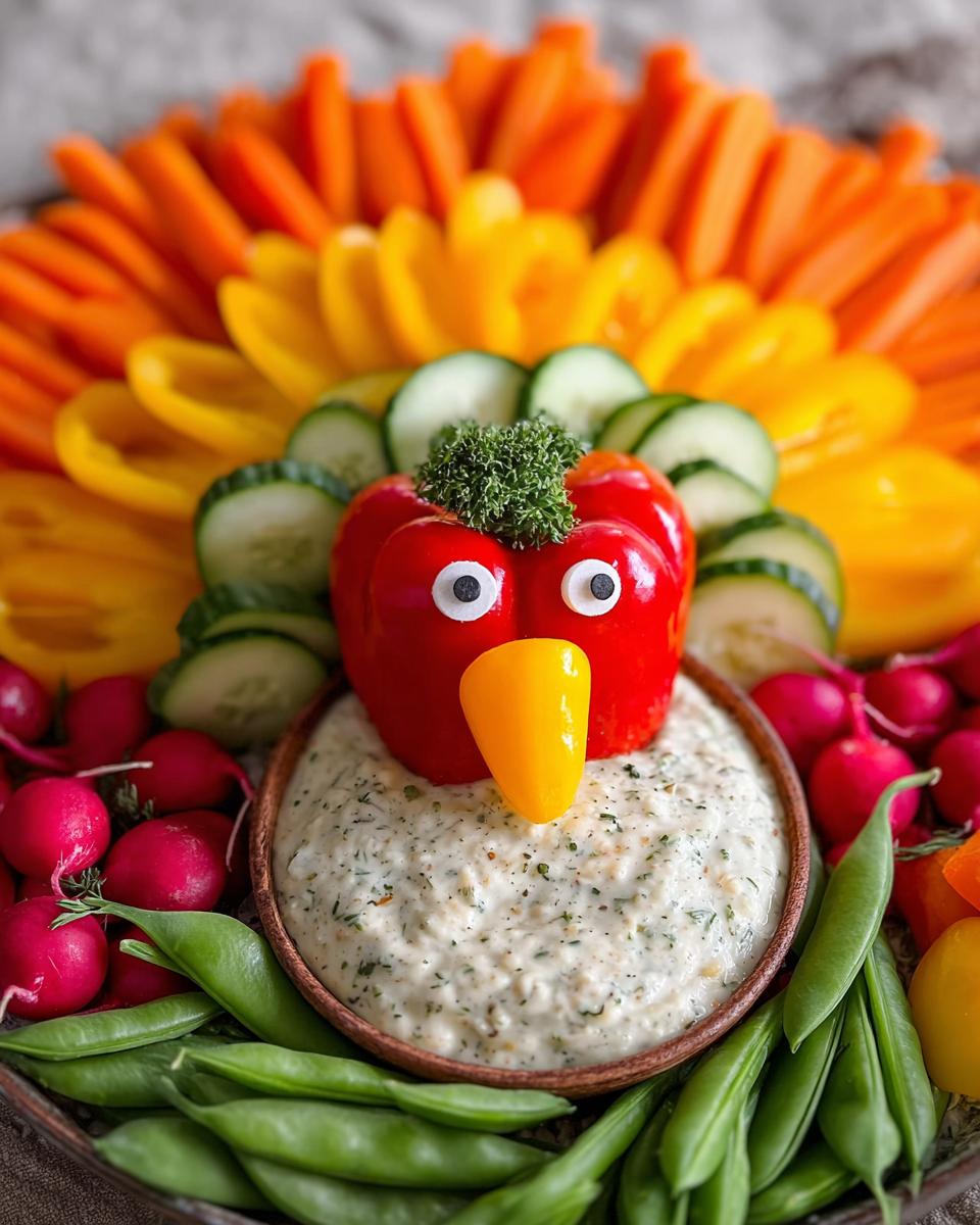 A festive Thanksgiving Veggie Tray at Home shaped like a turkey, featuring colorful vegetables and dip.