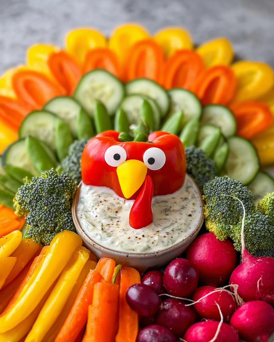 A fun Thanksgiving veggie tray shaped like a turkey, featuring a red pepper head and colorful vegetable "feathers."