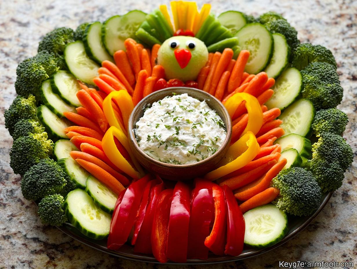A festive Thanksgiving veggie tray arranged in the shape of a turkey, featuring broccoli, carrots, cucumbers, bell peppers, and dip.