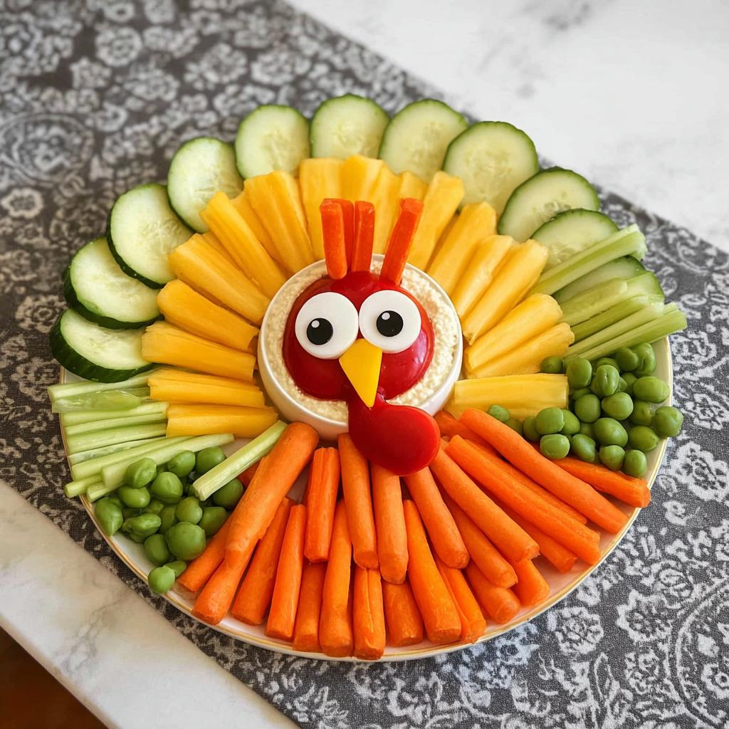 A festive Thanksgiving veggie tray arranged in the shape of a turkey, featuring carrots, cucumbers, cheese, and edamame around a hummus center.