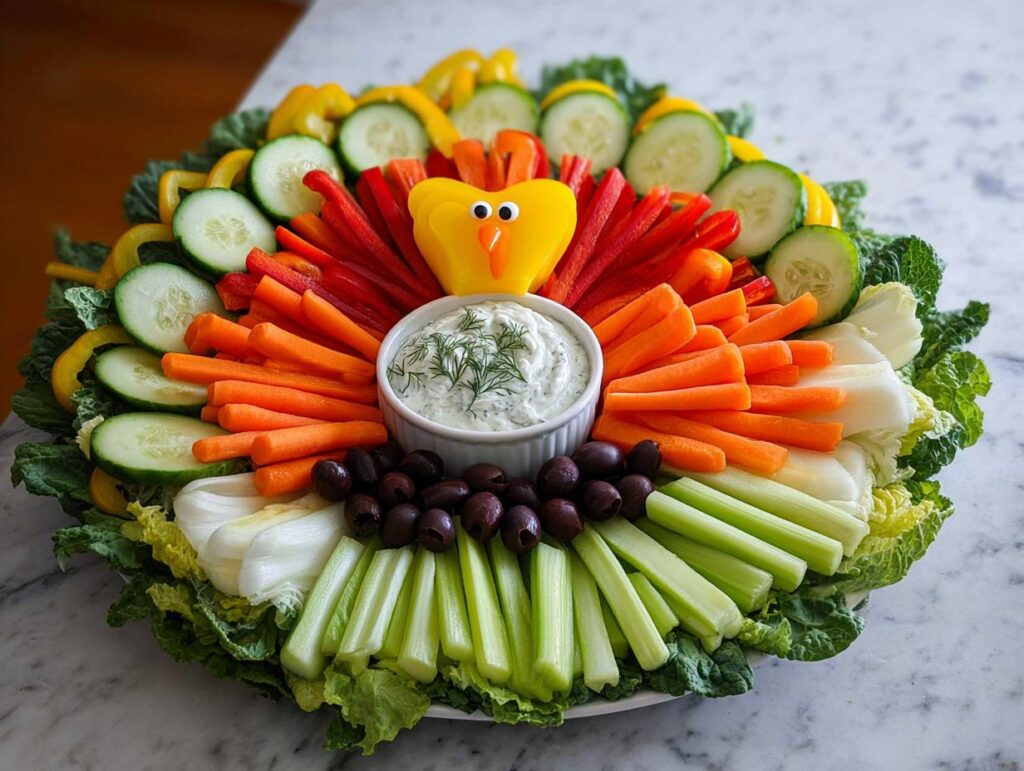 A festive Thanksgiving veggie tray arranged in the shape of a turkey, featuring various colorful vegetables and a dip.