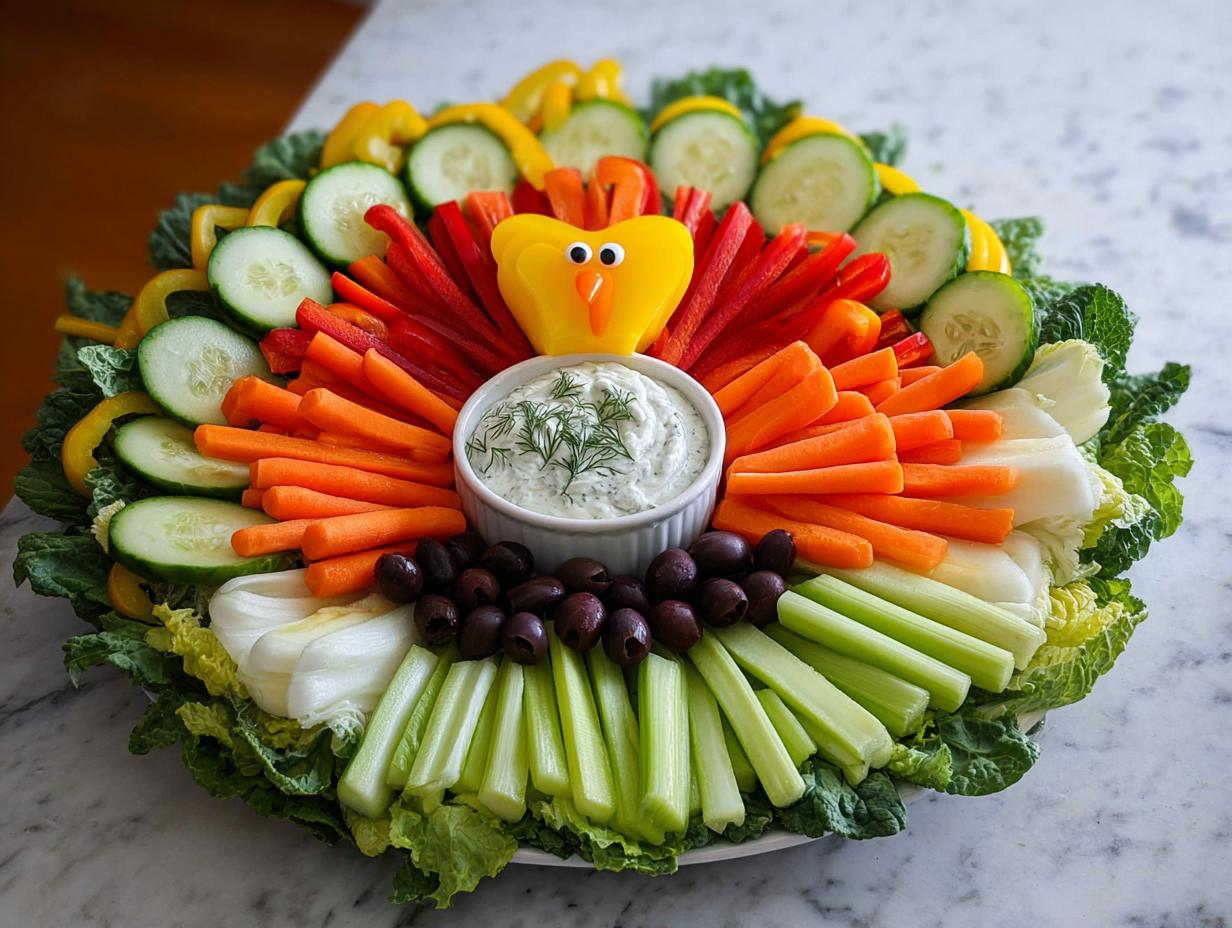 A festive Thanksgiving veggie tray arranged in the shape of a turkey, featuring various colorful vegetables and a dip.