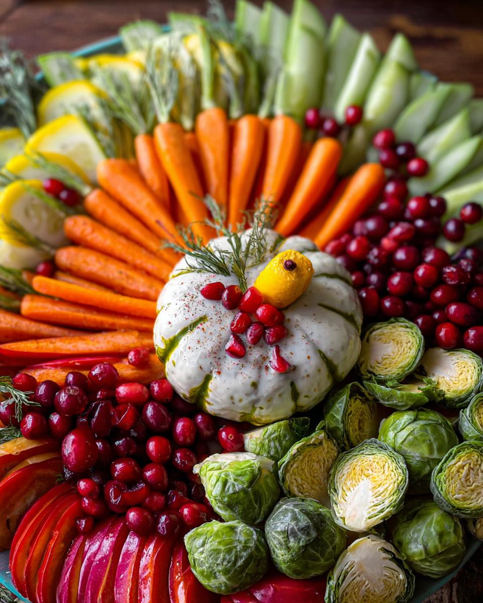 A festive Thanksgiving Veggie Tray arranged like a turkey, featuring carrots, Brussels sprouts, cranberries, and a pumpkin-shaped dip.